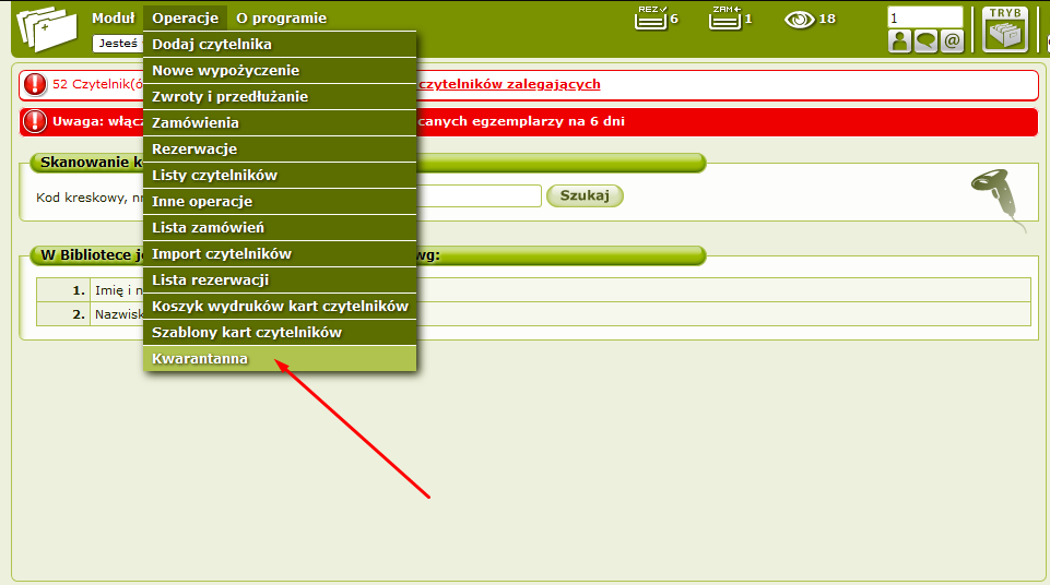 Kwarantanna w bibliotece może być włączona w module Wypożyczalnia