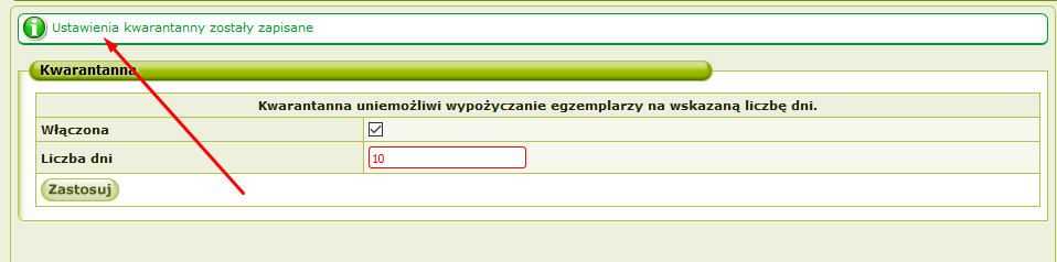 Komunikat Ustawienia kwarantanny zostały zapisane