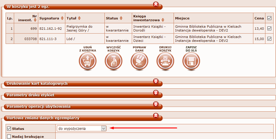 Zmina statusu w koszyku